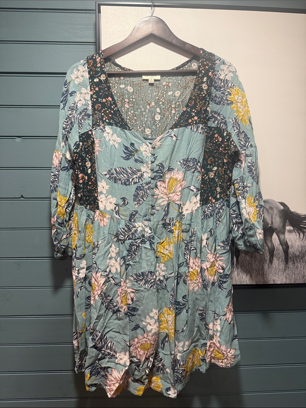 Floral Patchwork V-Neck Women’s Top - Teal